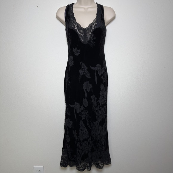 VTG Y2K 90s Women Fairy Grunge Velvet Burnout Silk Evening Dress Midi Lace Trim - Picture 1 of 13